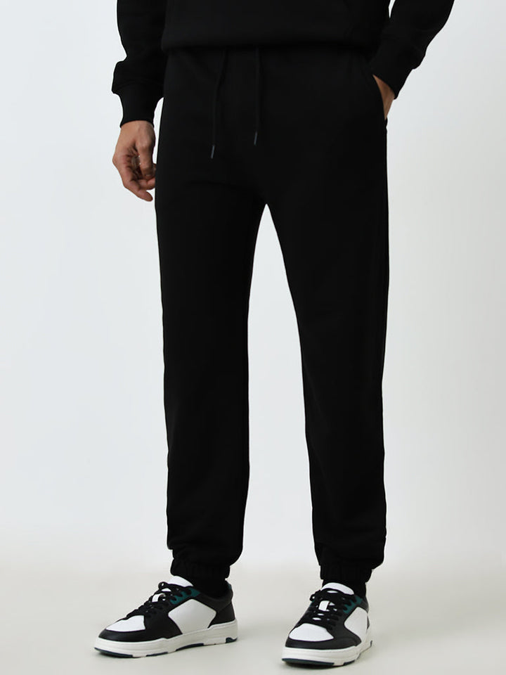 WES Casuals Black Relaxed-Fit Mid-Rise Cotton-Blend Track Pants