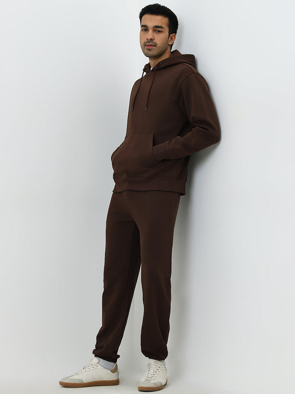 WES Casuals Brown Relaxed-Fit Mid-Rise Cotton-Blend Track Pants