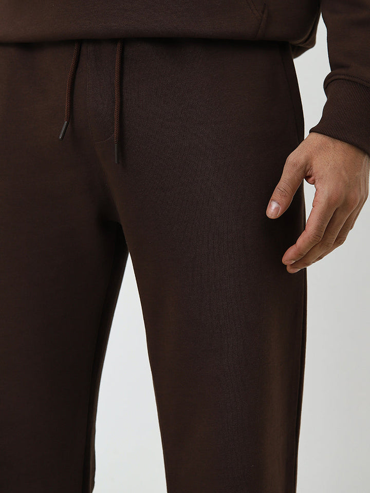 WES Casuals Brown Relaxed-Fit Mid-Rise Cotton-Blend Track Pants
