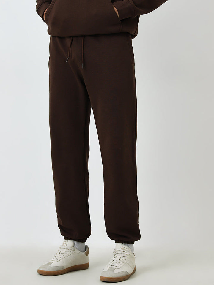 WES Casuals Brown Relaxed-Fit Mid-Rise Cotton-Blend Track Pants