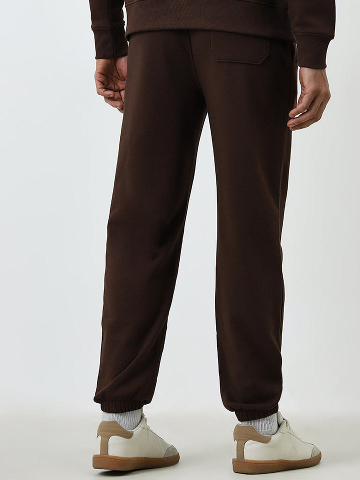 WES Casuals Brown Relaxed-Fit Mid-Rise Cotton-Blend Track Pants