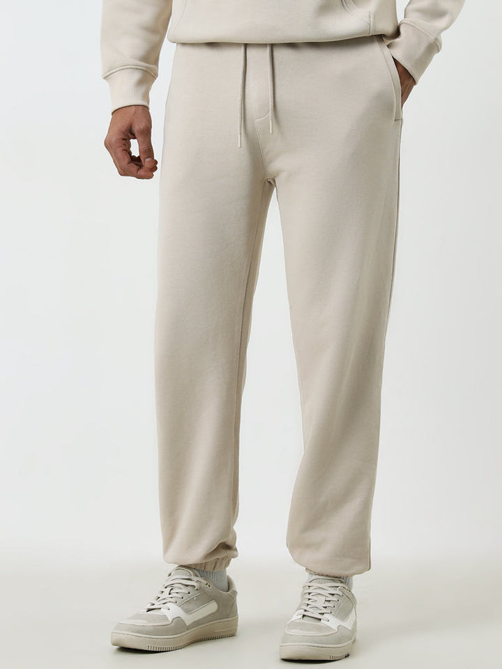 WES Casuals Beige Relaxed-Fit Mid-Rise Cotton-Blend Track Pants