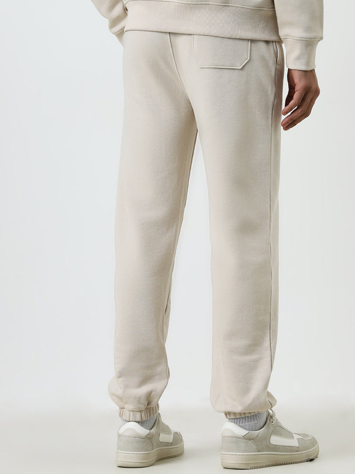 WES Casuals Beige Relaxed-Fit Mid-Rise Cotton-Blend Track Pants
