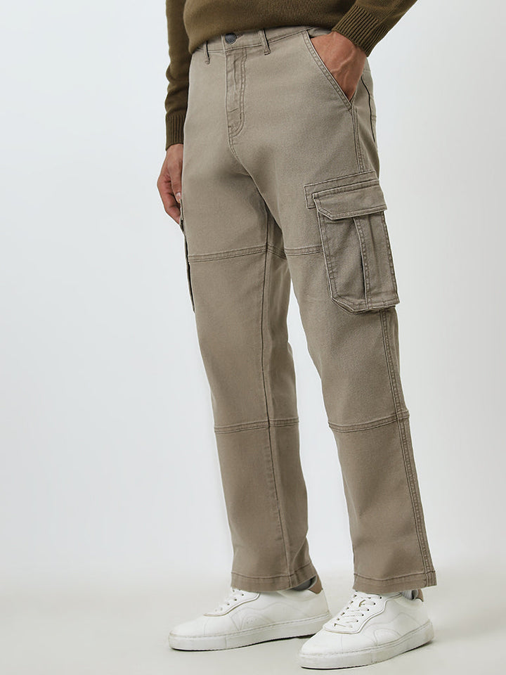 WES Casuals Taupe Relaxed-Fit Mid-Rise Cargo Jeans