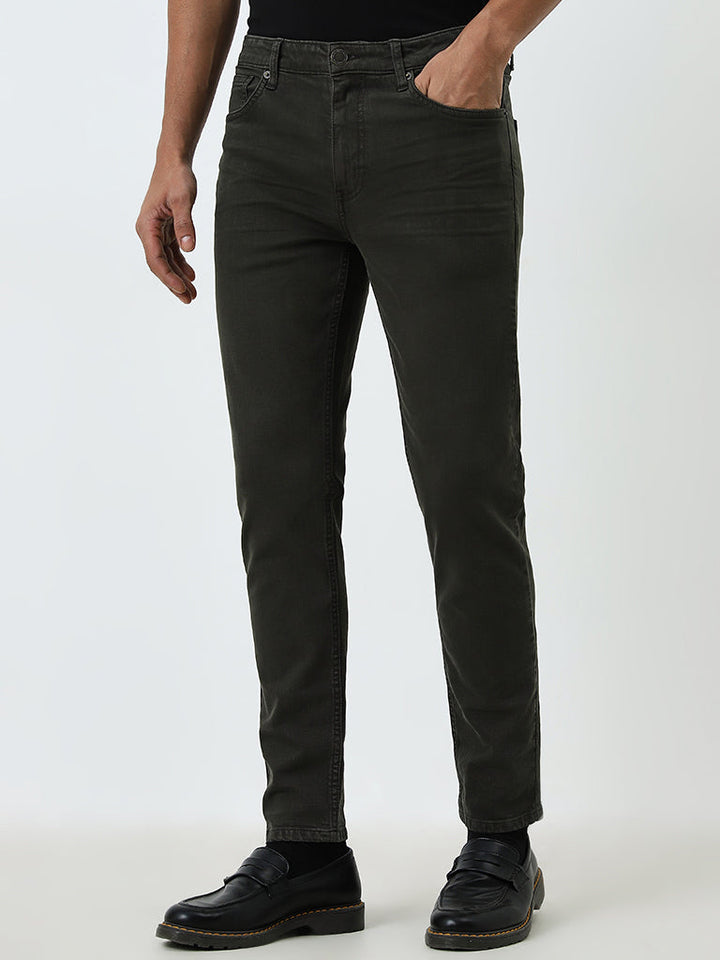 WES Casuals Dark Olive Slim-Fit Mid-Rise Jeans