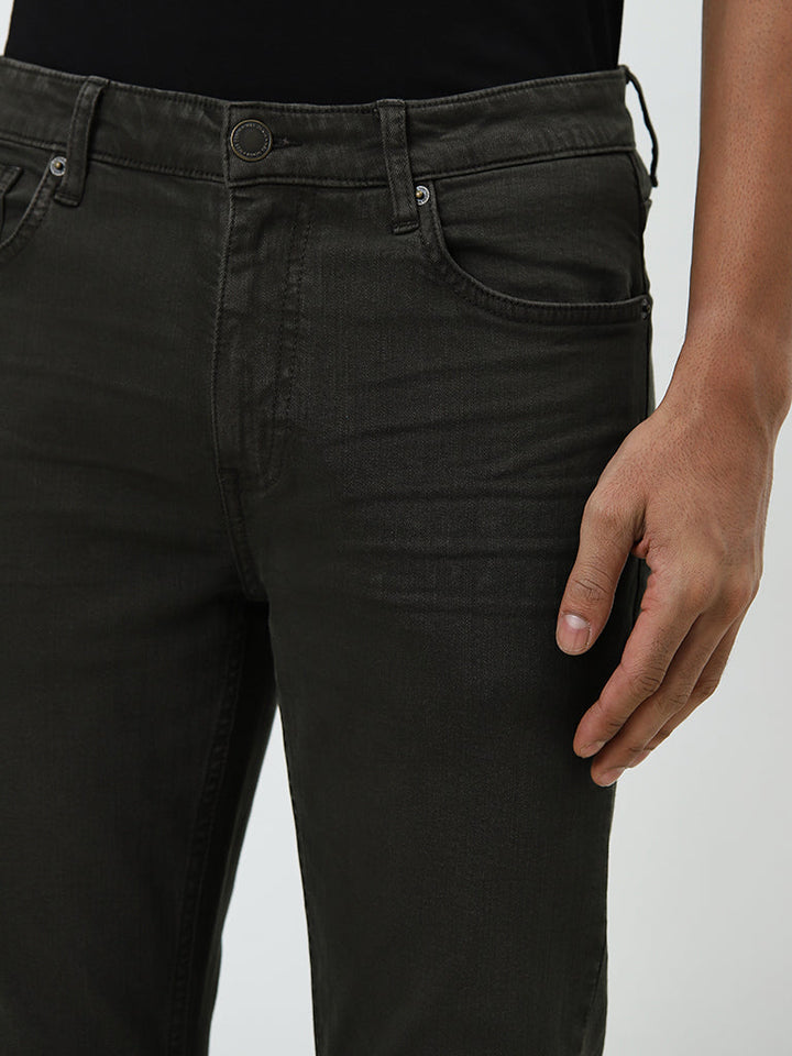 WES Casuals Dark Olive Slim-Fit Mid-Rise Jeans