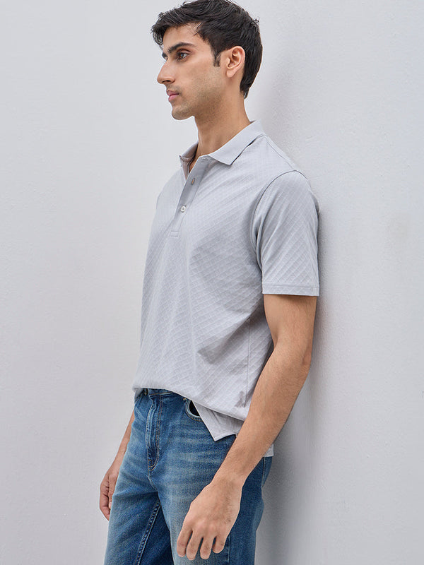 WES Casuals Grey Self Relaxed-Fit Cotton Polo T-Shirt