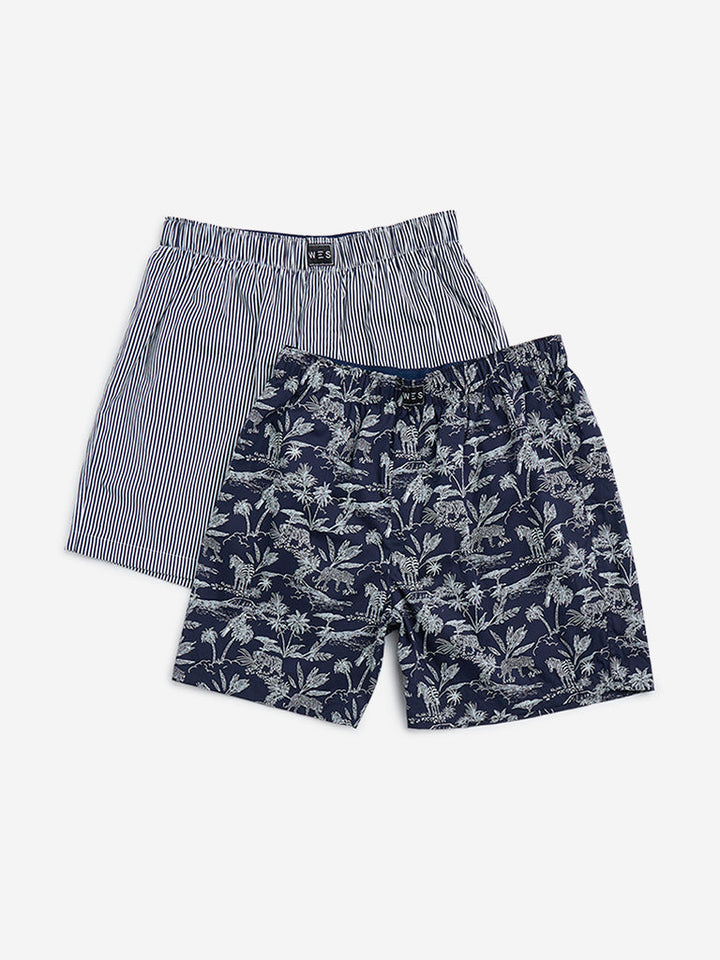 WES Lounge Navy Printed Cotton Boxers - Pack of 2