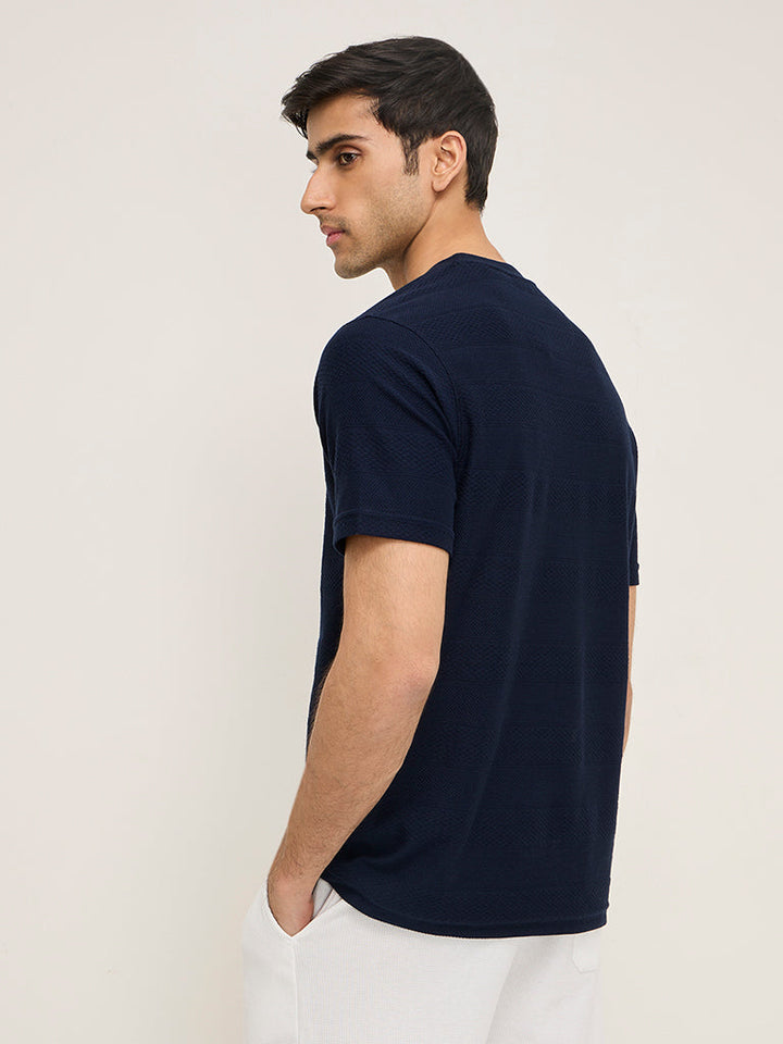 WES Lounge Navy Self-Patterned Relaxed-Fit Cotton-Blend T-Shirt