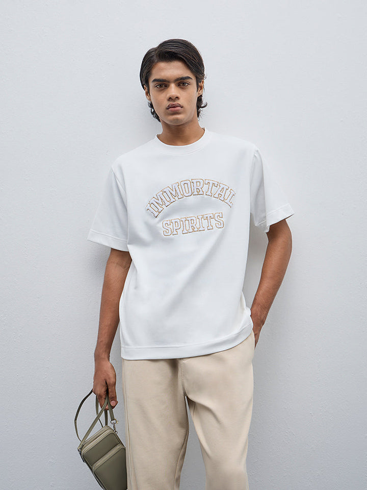 Studiofit White Text Design Relaxed-Fit Cotton-Blend T-Shirt