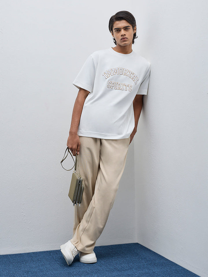 Studiofit White Text Design Relaxed-Fit Cotton-Blend T-Shirt