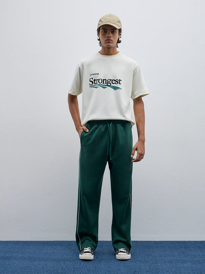 Studiofit Off-White Text Design Relaxed-Fit Cotton T-Shirt