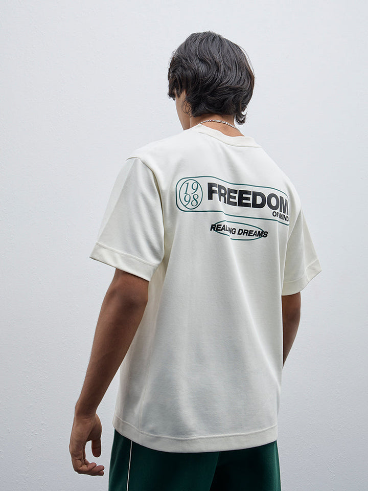 Studiofit Off-White Text Design Relaxed-Fit Cotton T-Shirt