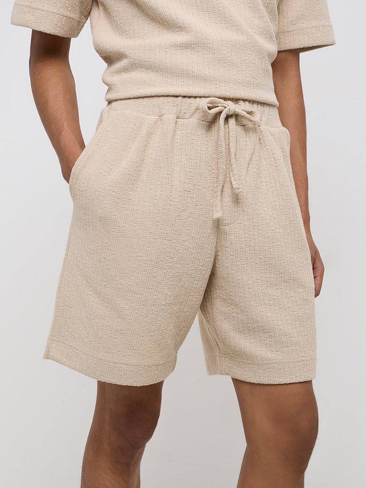 Studiofit Beige Knit-Textured Relaxed-Fit Mid-Rise Shorts