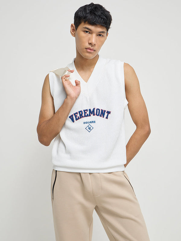Studiofit White Text Embroidered Relaxed-Fit Cotton-Blend Vest