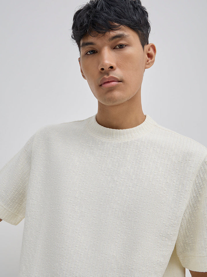 Studiofit Off- White Knit-Textured Relaxed-Fit T-Shirt