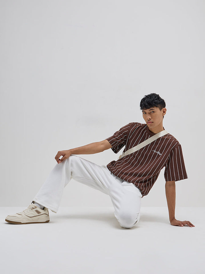 Studiofit Brown Striped Relaxed-Fit Cotton-Blend T-Shirt