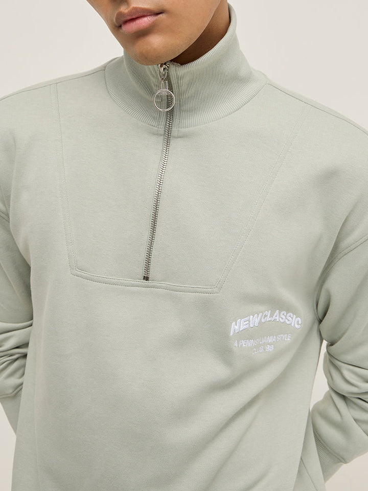 Studiofit Mint Text Design Quarter Zip Cotton-Blend Sweatshirt