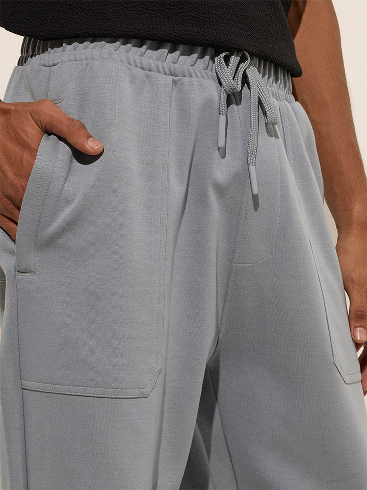 Studiofit Light Grey Relaxed-Fit Mid-Rise Cotton-Blend Track Pants