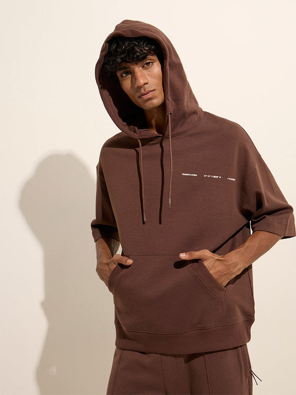 Studiofit Brown Relaxed-Fit Cotton-Blend Hoodie