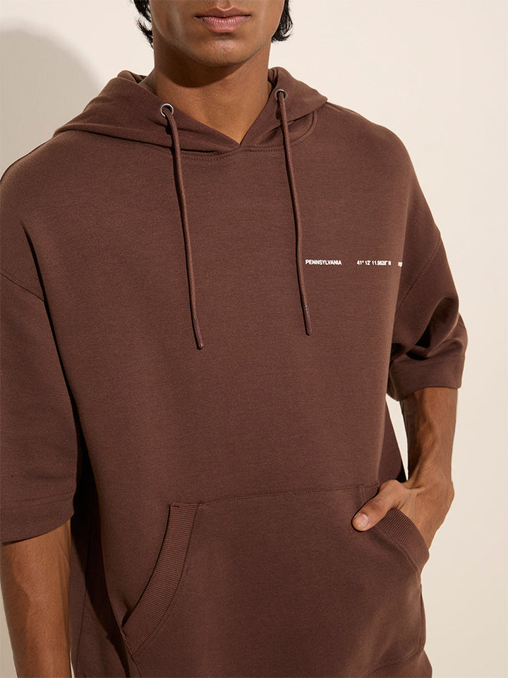 Studiofit Brown Relaxed-Fit Cotton-Blend Hoodie