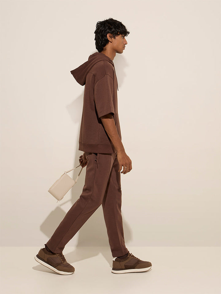 Studiofit Brown Relaxed-Fit Cotton-Blend Hoodie