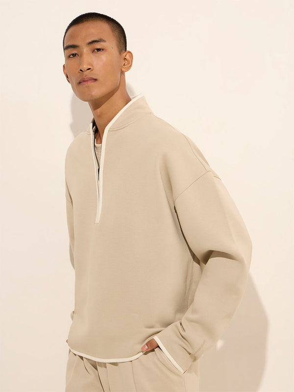 Studiofit Beige Solid Quarter Zip Cotton-Blend Sweatshirt