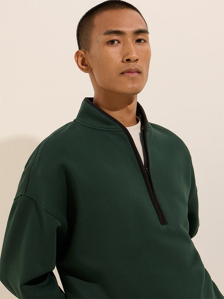 Studiofit Dark Green Solid Quarter Zip Cotton-Blend Sweatshirt