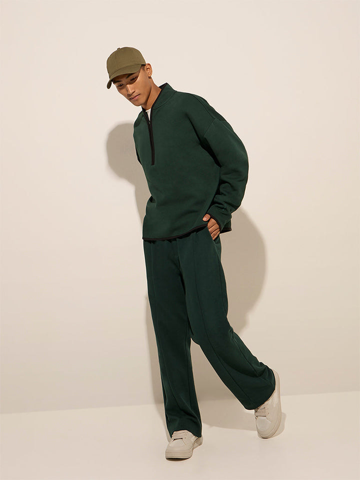 Studiofit Dark Green Solid Quarter Zip Cotton-Blend Sweatshirt