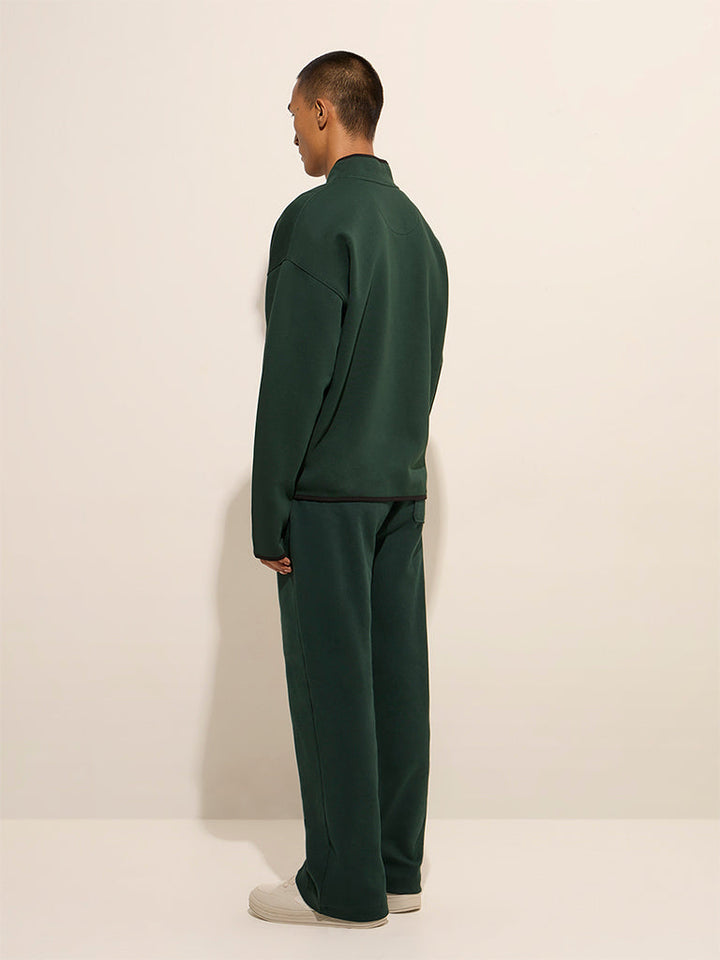 Studiofit Dark Green Solid Quarter Zip Cotton-Blend Sweatshirt