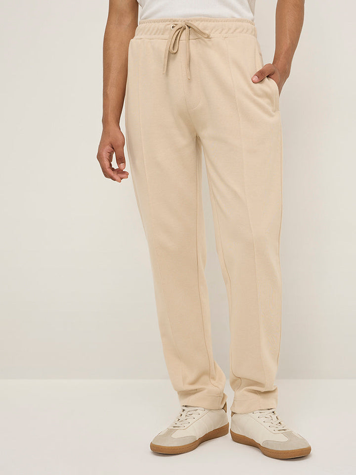 Studiofit Beige Relaxed-Fit Mid-Rise Track Pants