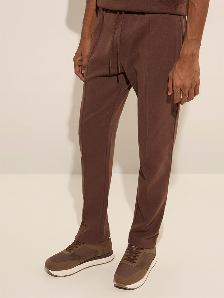 Studiofit Brown Relaxed-Fit Mid-Rise Cotton Track Pants