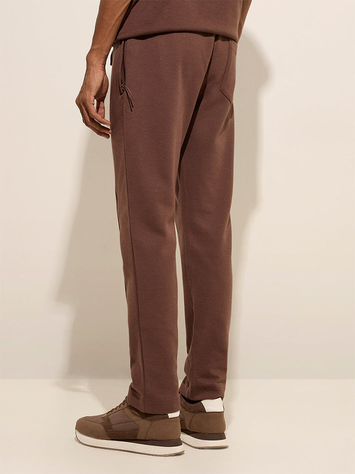 Studiofit Brown Relaxed-Fit Mid-Rise Cotton Track Pants