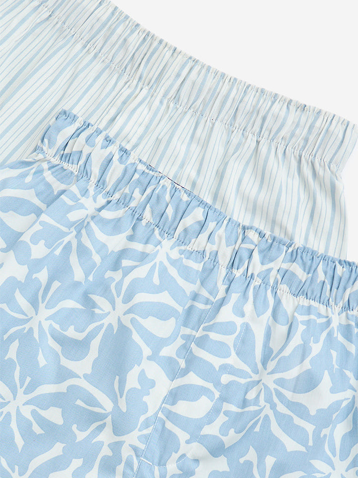 WES Lounge Light Blue Relaxed-Fit Cotton Boxers- Pack of 2