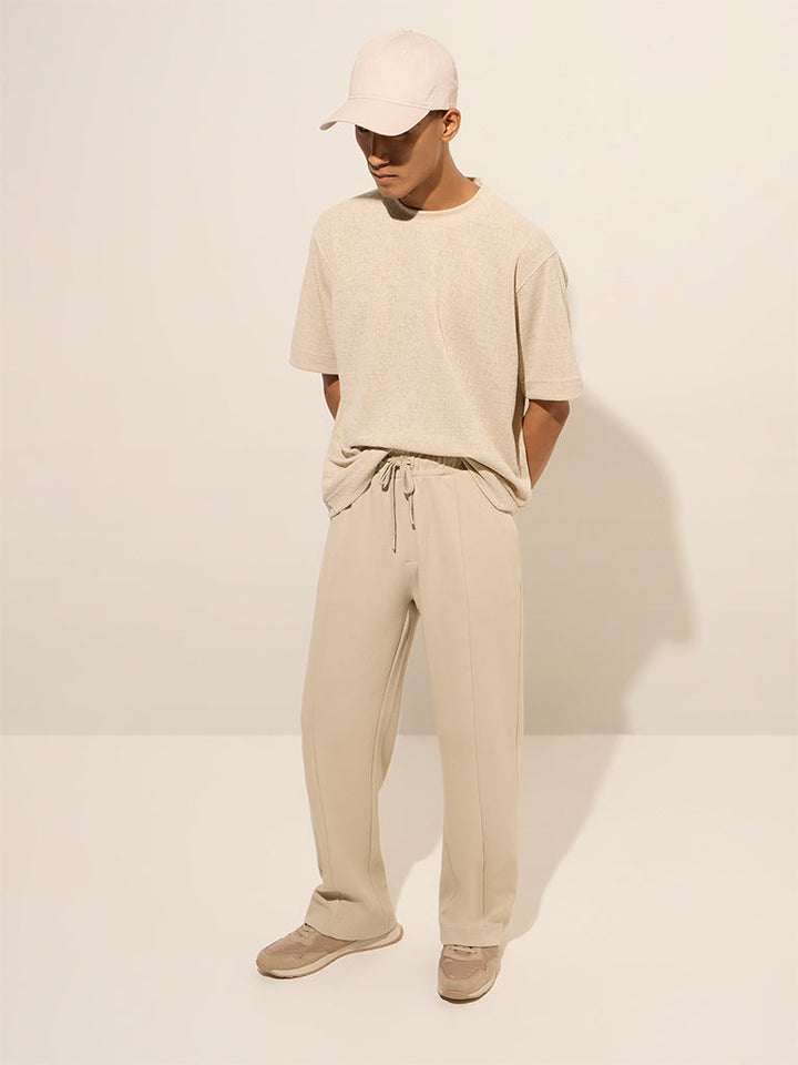 Studiofit Beige Relaxed-Fit Mid-Rise Cotton-Blend Track Pants