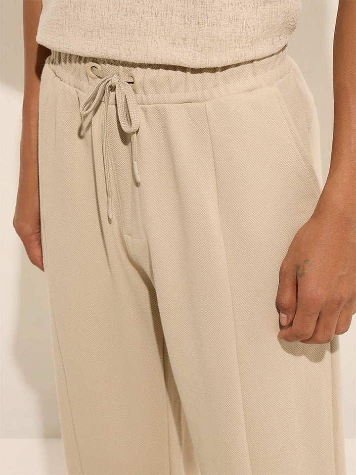 Studiofit Beige Relaxed-Fit Mid-Rise Cotton-Blend Track Pants