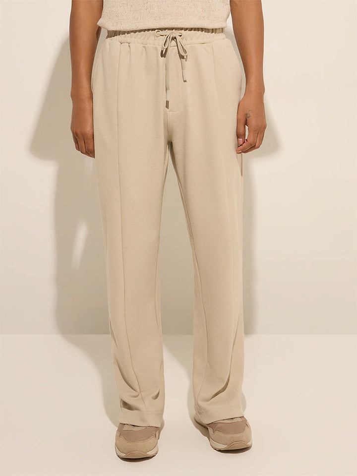 Studiofit Beige Relaxed-Fit Mid-Rise Cotton-Blend Track Pants