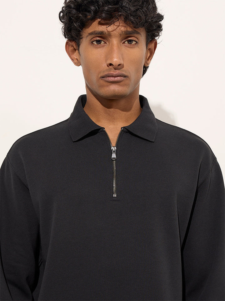 WES Casuals Black Quarter Zip Cotton-Blend Sweatshirt