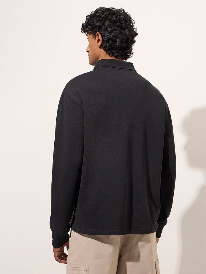 WES Casuals Black Quarter Zip Cotton-Blend Sweatshirt