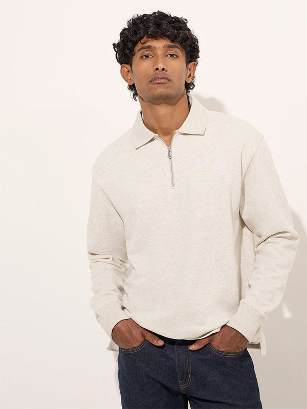 WES Casuals Beige Quarter Zip Cotton-Blend Sweatshirt