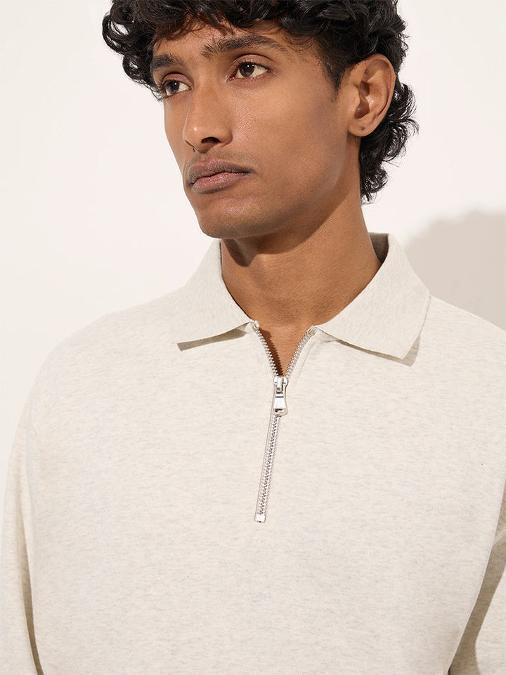 WES Casuals Beige Quarter Zip Cotton-Blend Sweatshirt