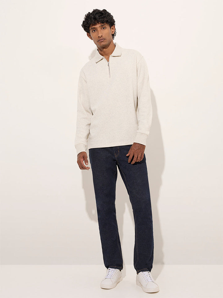 WES Casuals Beige Quarter Zip Cotton-Blend Sweatshirt