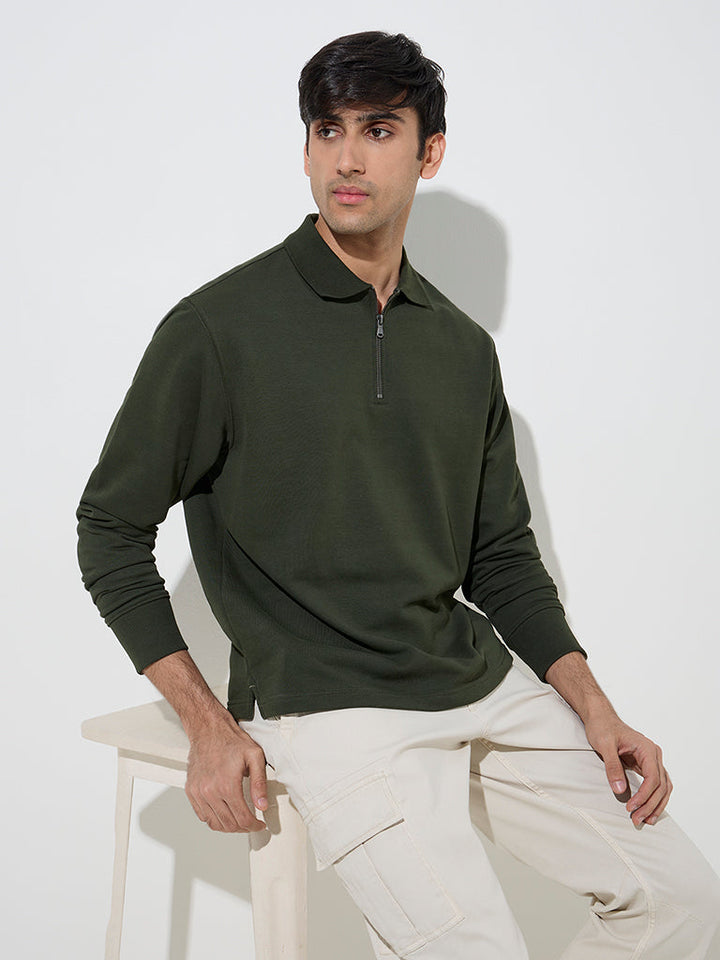 WES Casuals Olive Quarter Zip Cotton-Blend Sweatshirt
