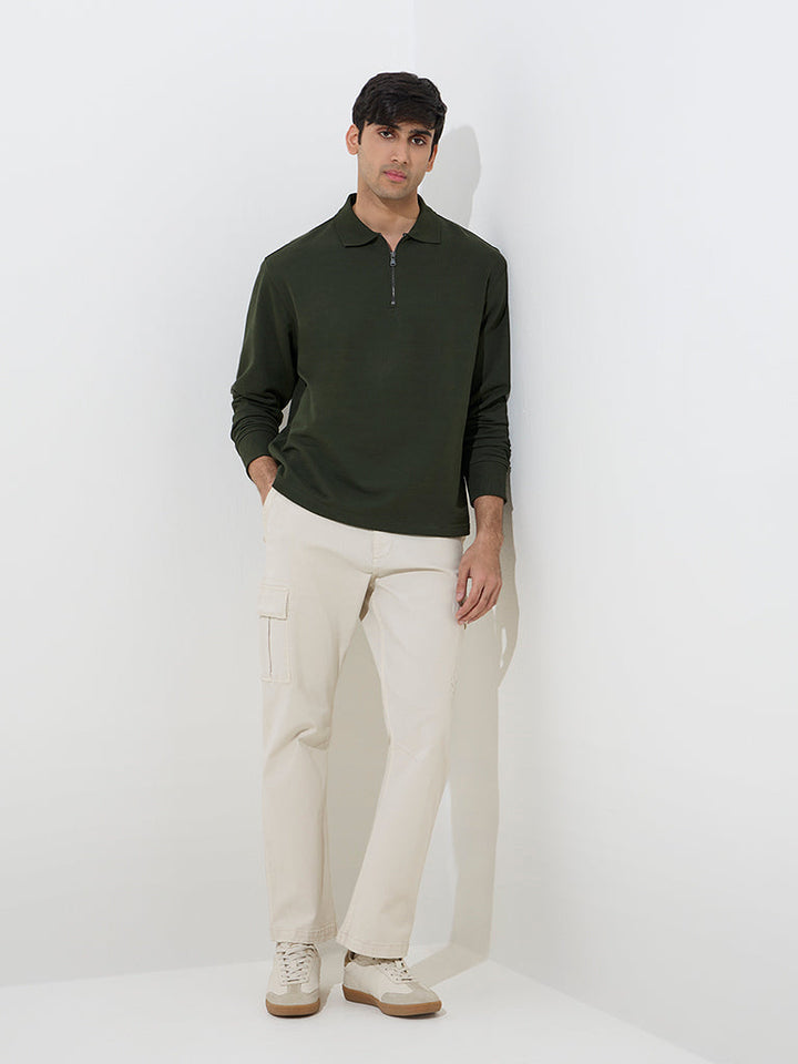 WES Casuals Olive Quarter Zip Cotton-Blend Sweatshirt
