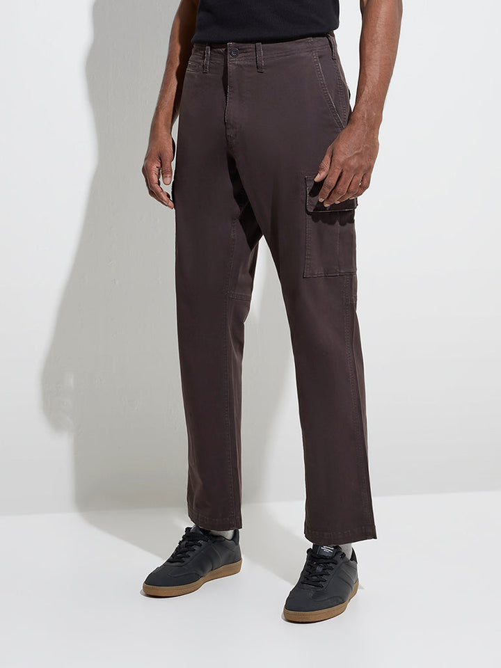 WES Casuals Dark Brown Relaxed-Fit Mid-Rise Cargo Jeans