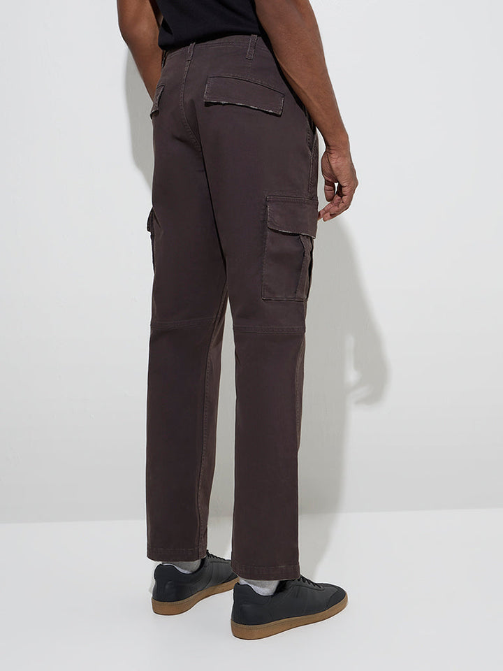 WES Casuals Dark Brown Relaxed-Fit Mid-Rise Cargo Jeans