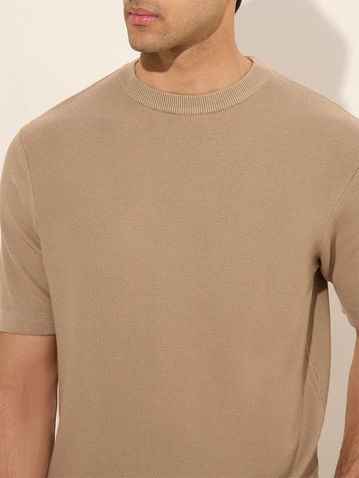 WES Formals Beige Knit-Textured Slim-Fit T-Shirt