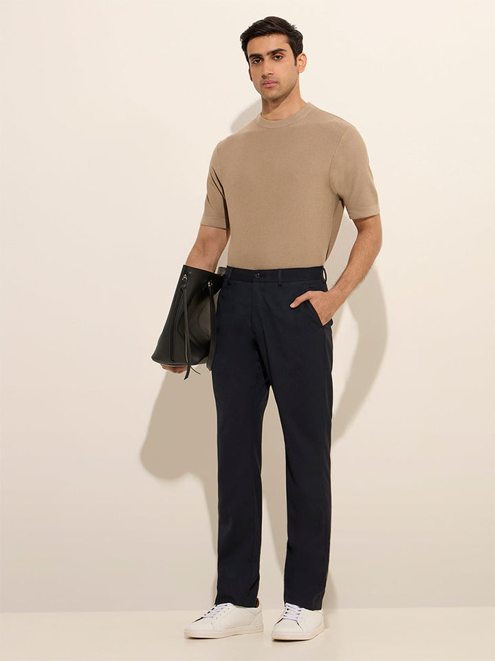 WES Formals Beige Knit-Textured Slim-Fit T-Shirt