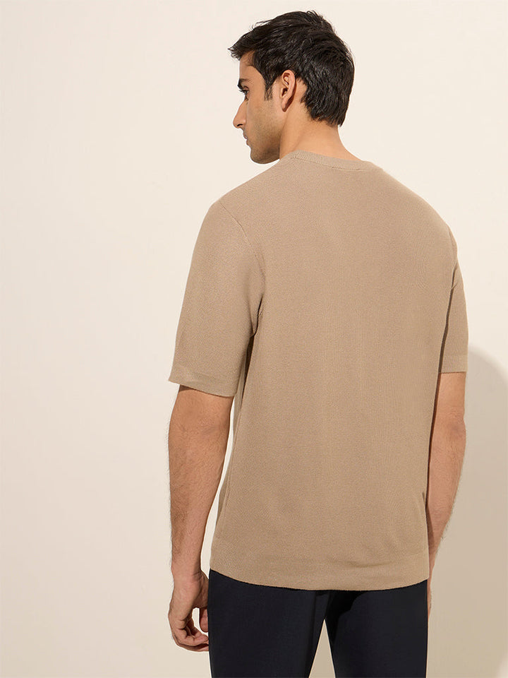 WES Formals Beige Knit-Textured Slim-Fit T-Shirt
