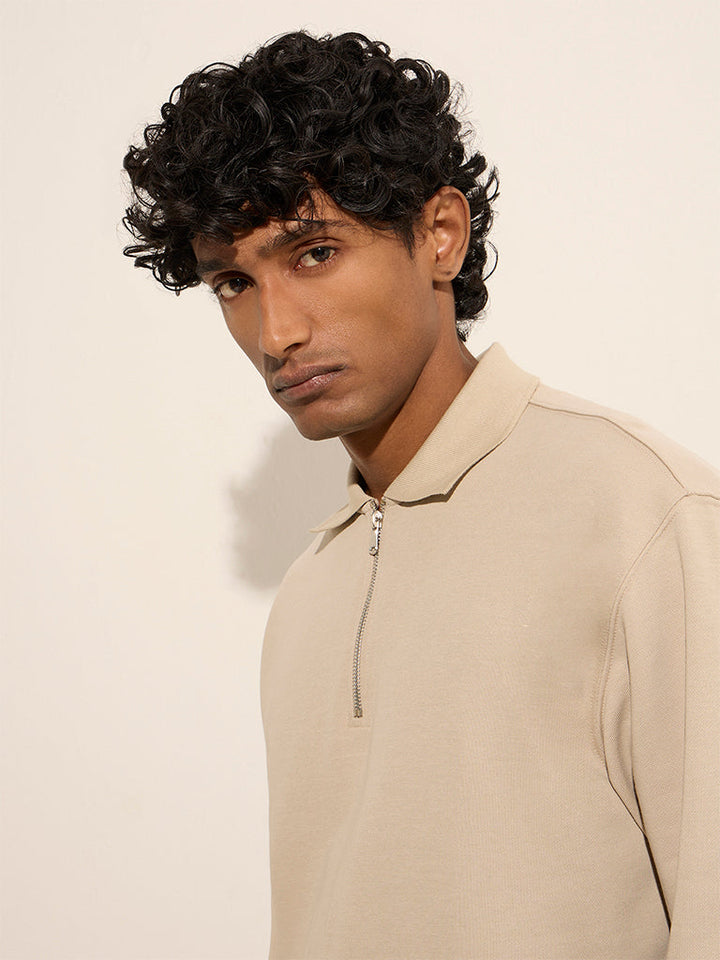 WES Casuals Beige Quarter Zip Cotton-Blend Sweatshirt